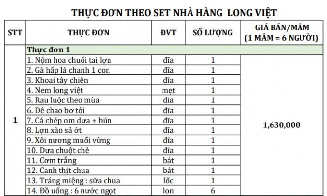 Thực đơn theo set Long Việt