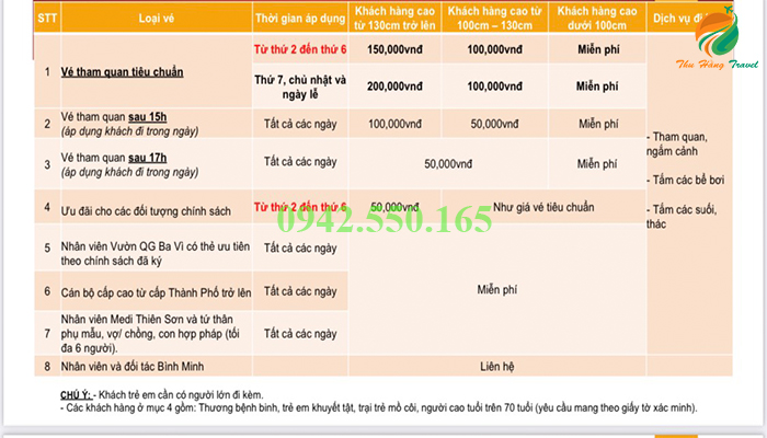 Bảng giá dịch vụ vé vào Thiên Sơn Suối Ngà 2024