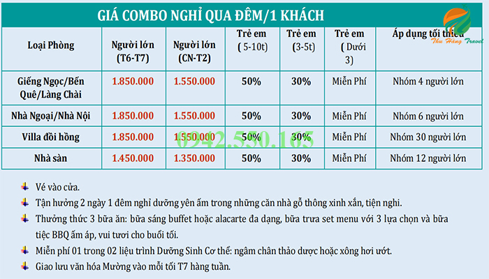 Combo trong bảng giá dịch vụ làng trong thung ba vì